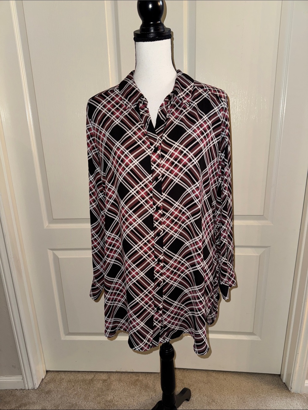 PETITES-  Plaid Button-Up Tunic Blouse - Size MP